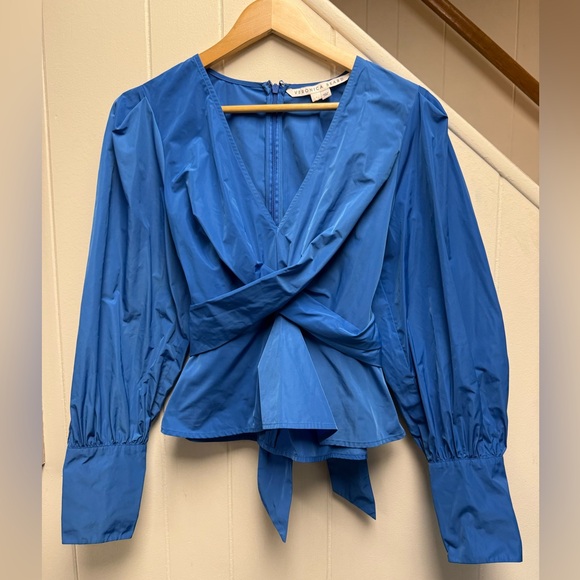 Veronica Beard Seema Bluebell Blue Twist Front Puff Sleeve Blouse Size 4 (Flaw) - Picture 3 of 8
